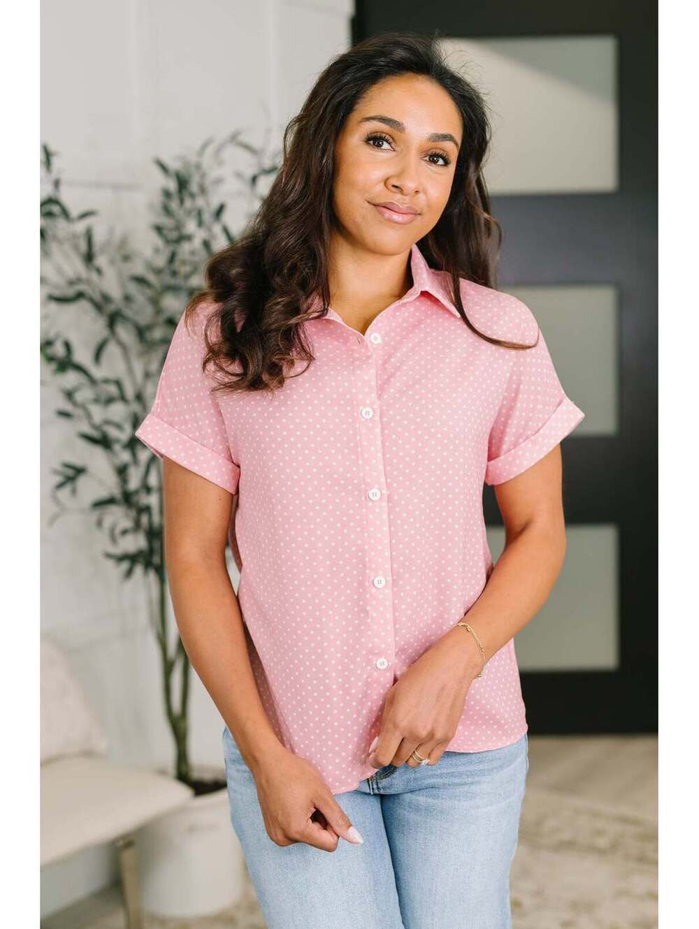 It's Just Business Collared Button Down Blouse